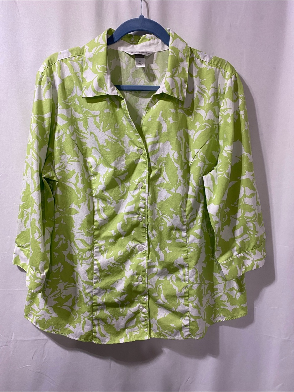 Christopher & Banks Lime Green and White Floral Button-Down Shirt